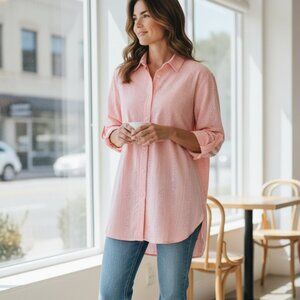 Chico's long sleeve with roll tab textured button front light pink size 3